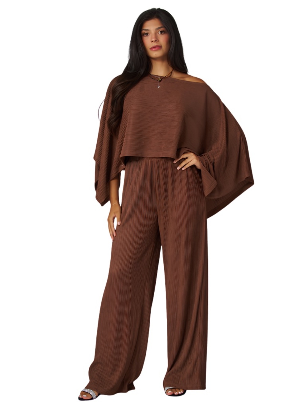 (NWOT) Love Poem Brown Crinkle Plisse Cape Top Wide Leg Palazzo Pants Set Small